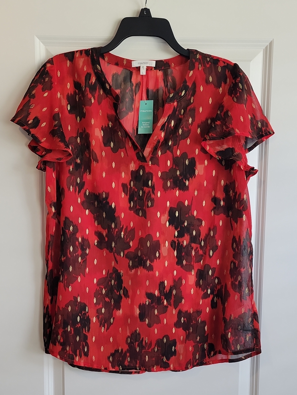 Maurices Red Black Floral Flutter Sleeve Blouse with Gold Dots